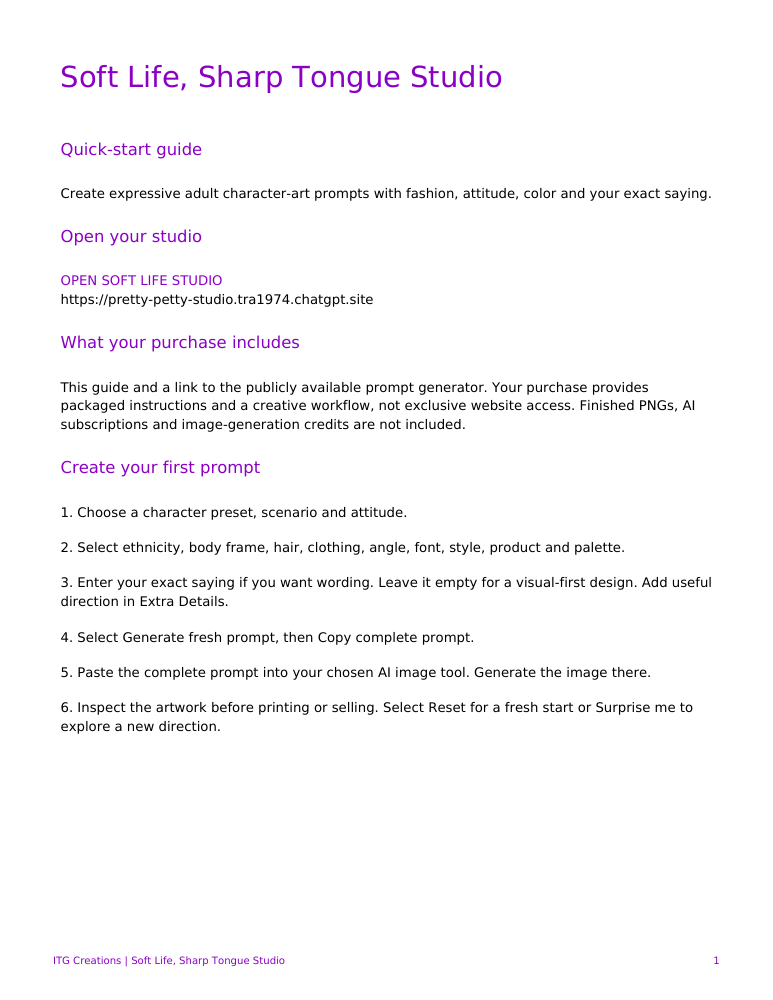 Preview of the included Soft Life, Sharp Tongue Studio quick-start guide