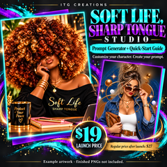 Soft Life Sharp Tongue Studio: example artwork, $19 launch price; finished PNGs not included