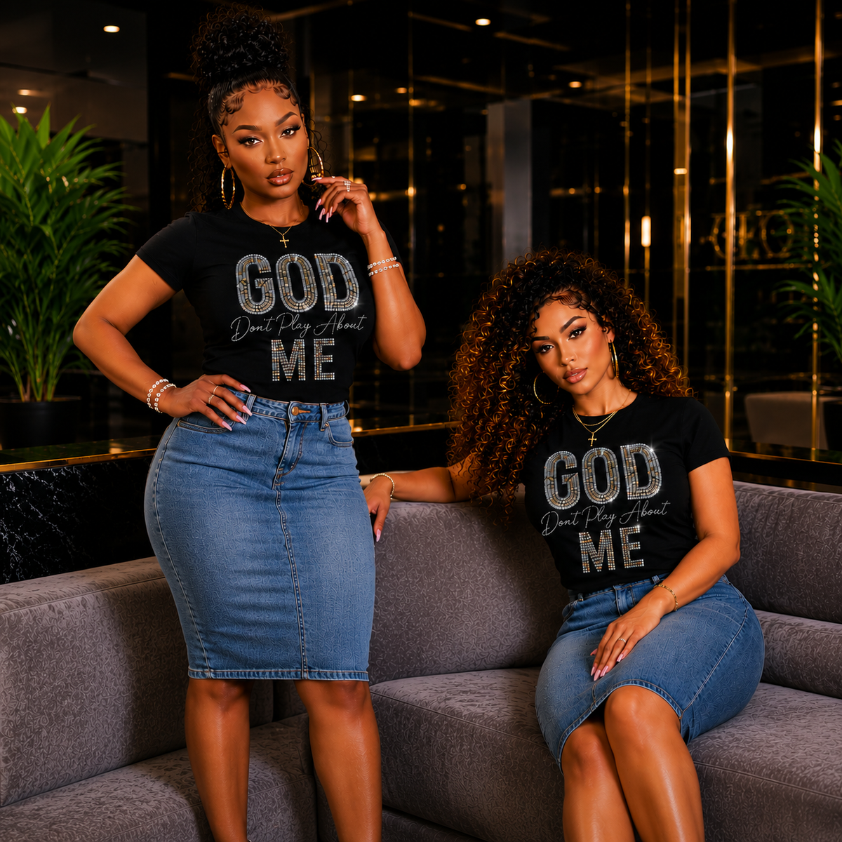 “Black rhinestone faith-based T-shirt with God Don’t Play About Me design worn by confident women”